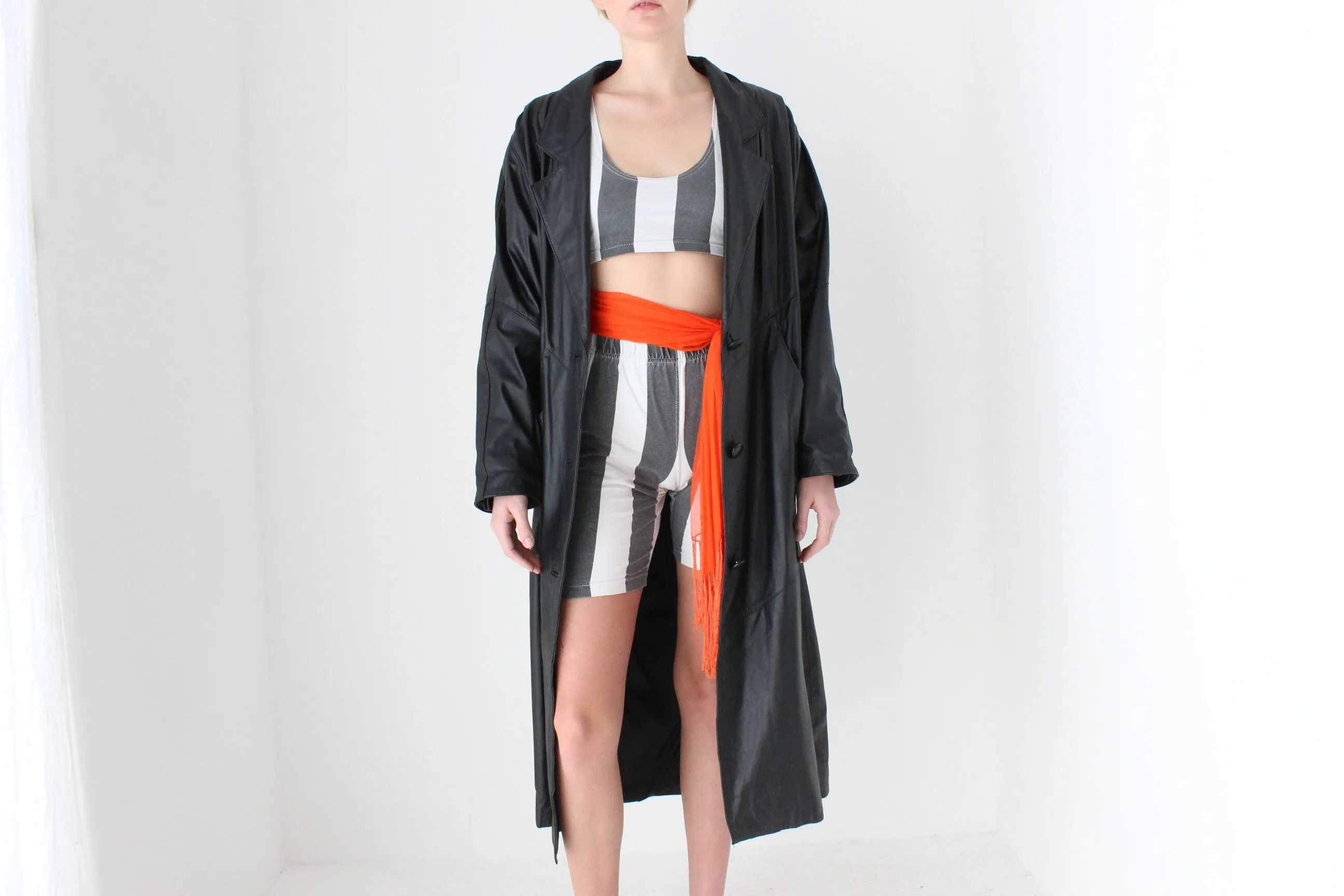 80s {Genuine Leather} Relaxed & Roomy Black Trench Coat