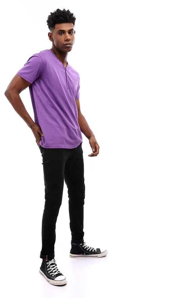 94603 Buttoned V-Neck Cotton T-Shirt - Violet