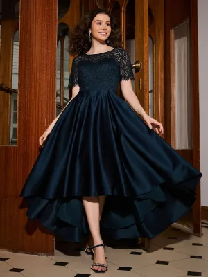 A-line Short Sleeve Lace Pleated Asymmetrical Dress Dark Navy