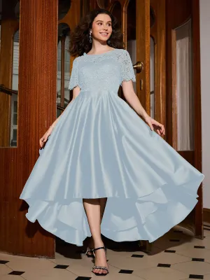 A-line Short Sleeve Lace Pleated Asymmetrical Dress Mist