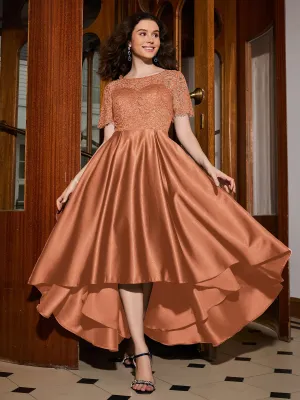 A-line Short Sleeve Lace Pleated Asymmetrical Dress Papaya