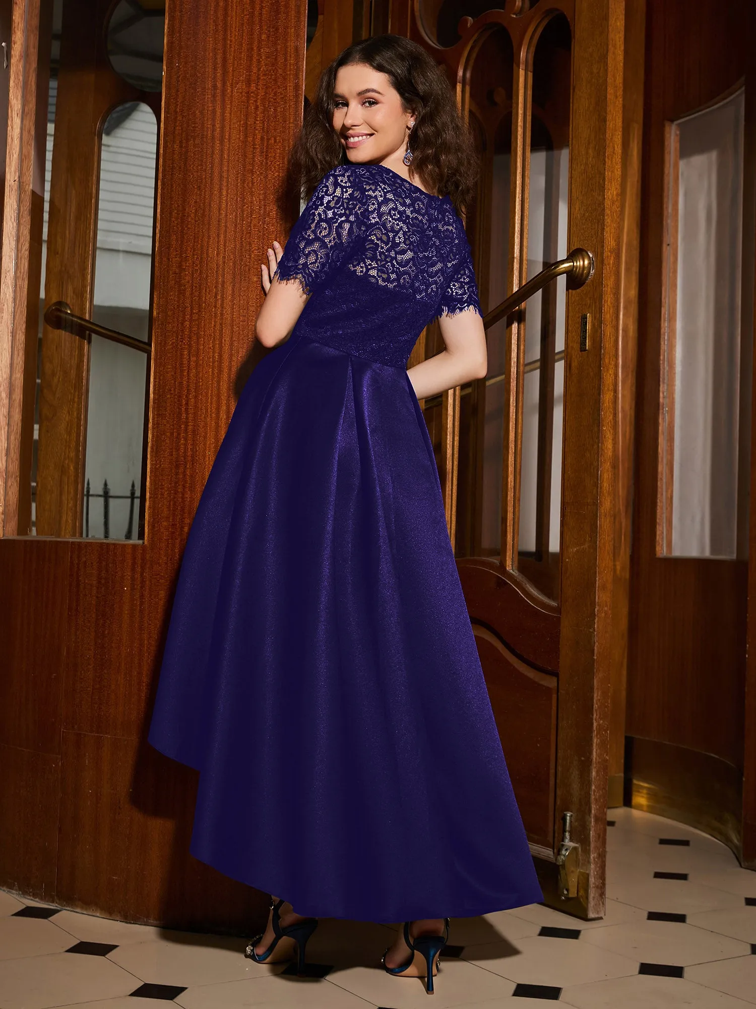 A-line Short Sleeve Lace Pleated Asymmetrical Dress Regency