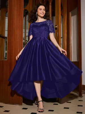 A-line Short Sleeve Lace Pleated Asymmetrical Dress Regency