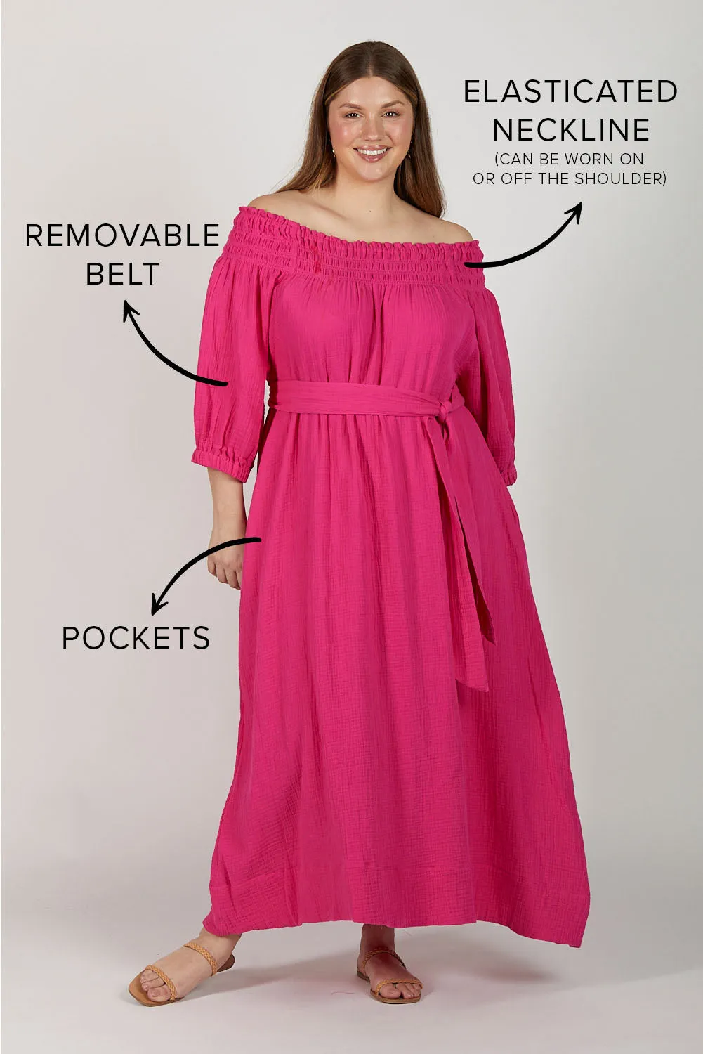 Alisa Crinkle Cotton Off The Shoulder Dress in Pink Glo