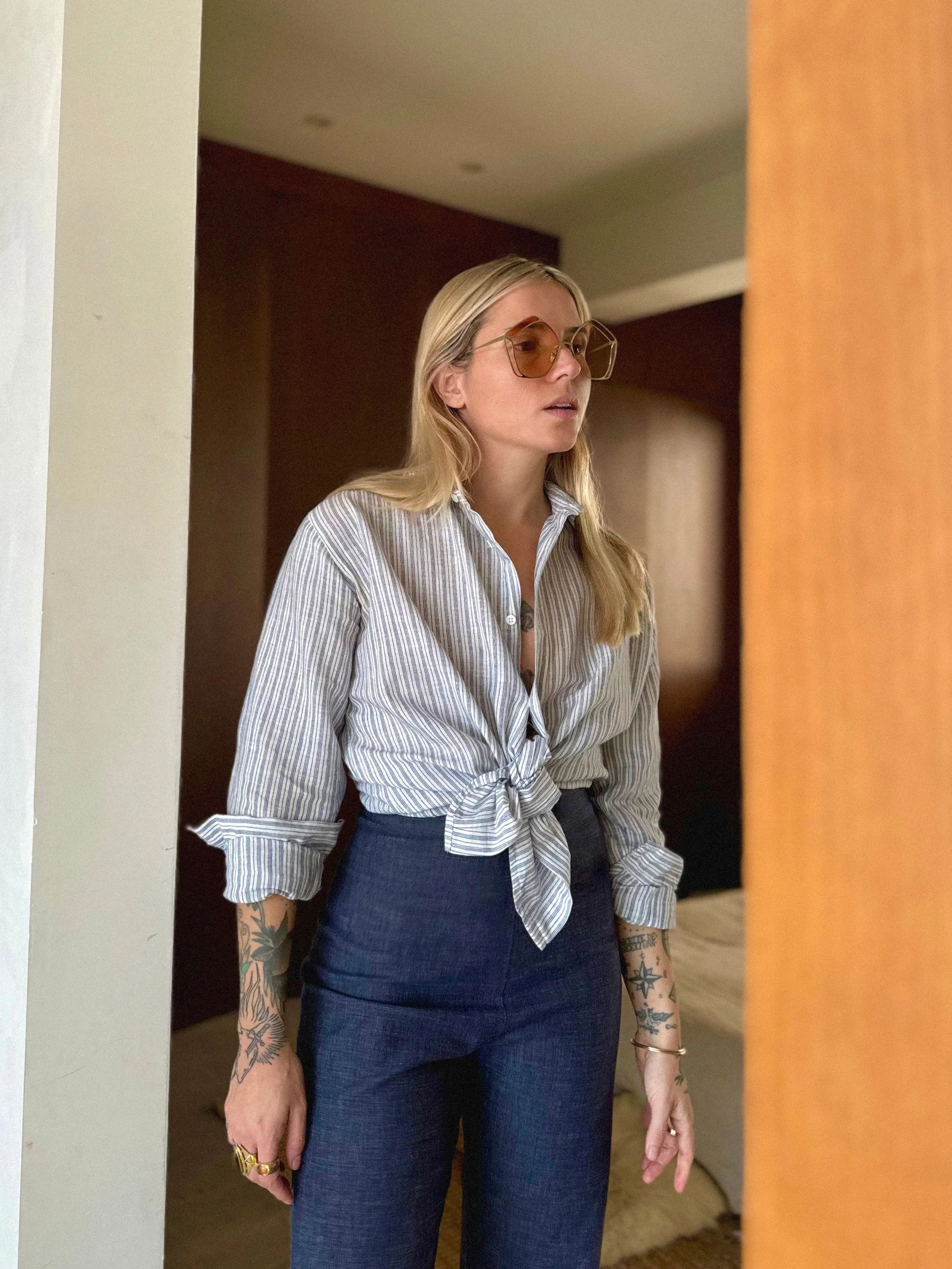 ANIRA Boyfriendshirt blue white striped linen cotton