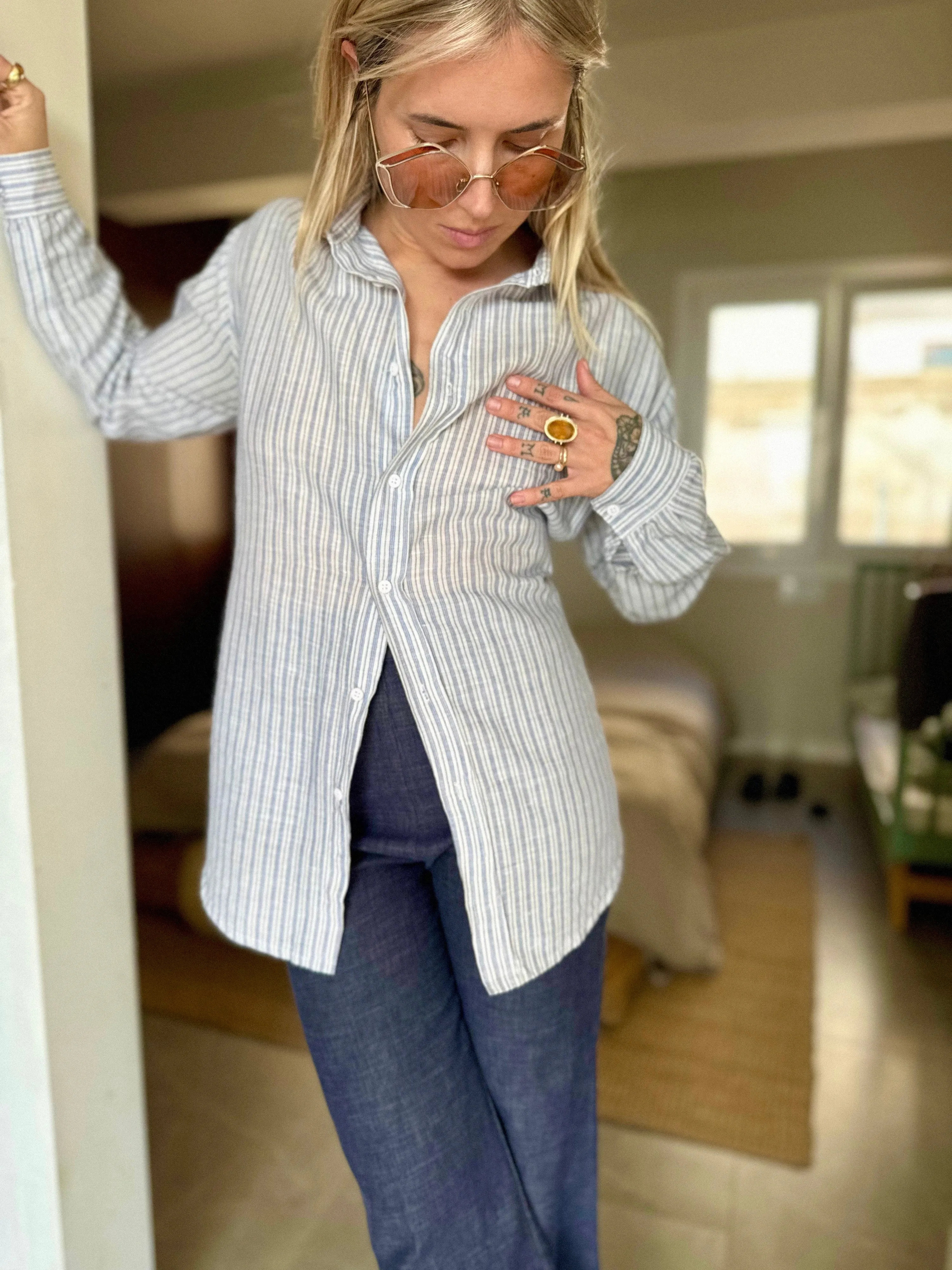 ANIRA Boyfriendshirt blue white striped linen cotton