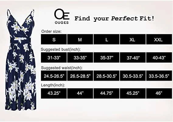 Blue Floral Summer Short Sleeve V-Neck Floral Casual Ladies Dress with Pockets - OUGES