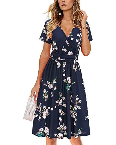 Blue Floral Summer Short Sleeve V-Neck Floral Casual Ladies Dress with Pockets - OUGES