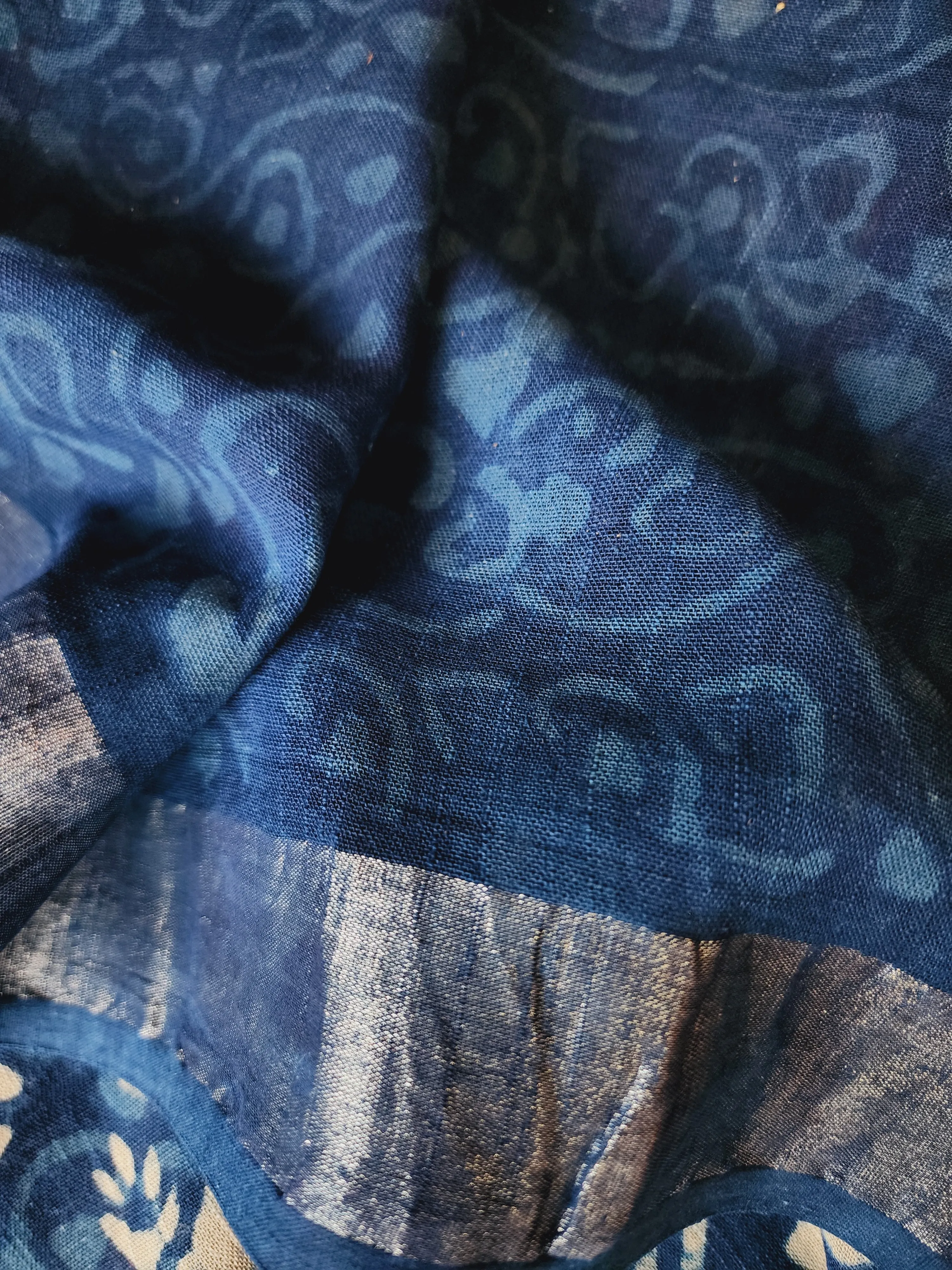 Blue Linen Cotton Saree with Block Prints