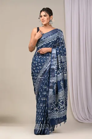 Blue Linen Cotton Saree with Block Prints