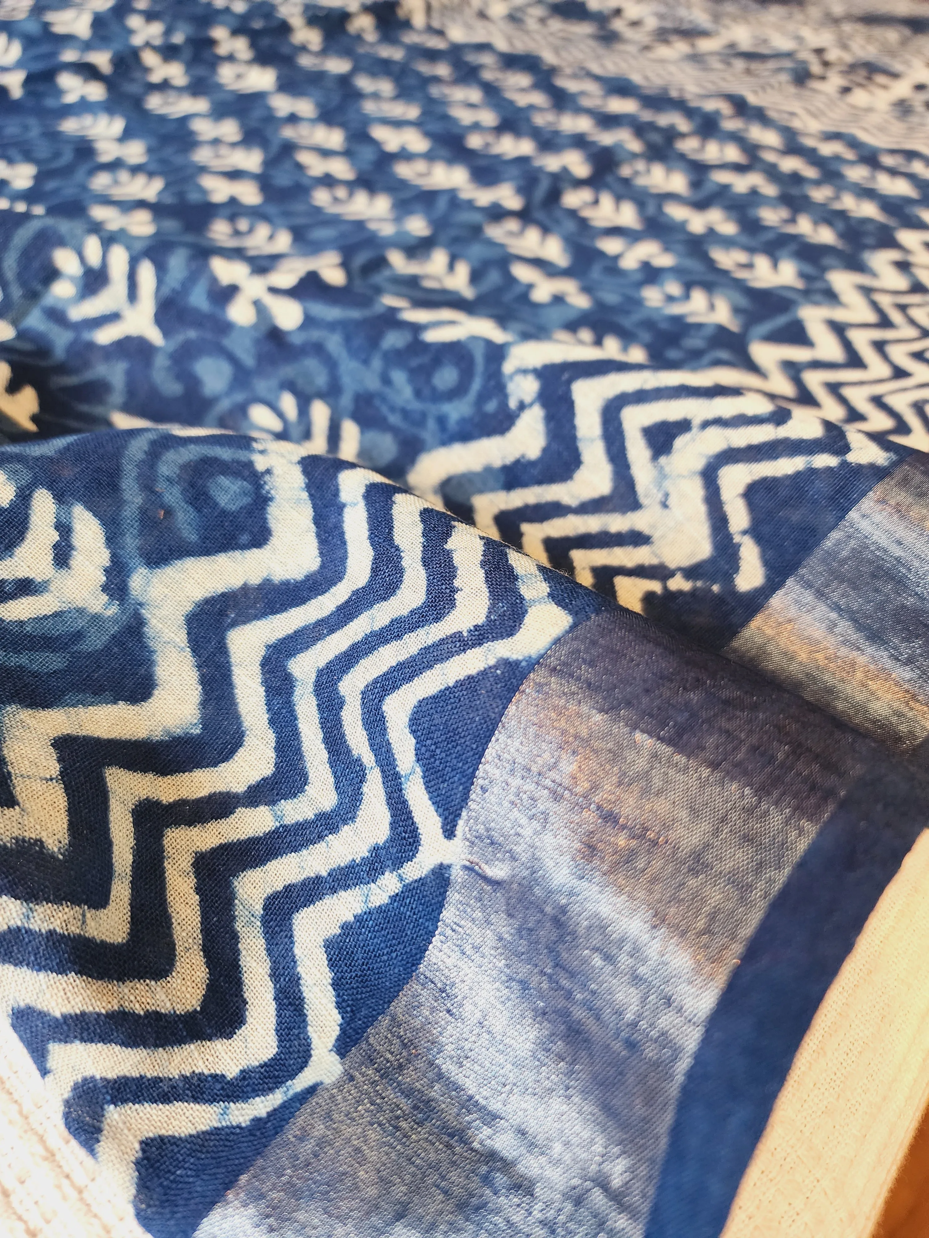 Blue Linen Cotton Saree with Block Prints
