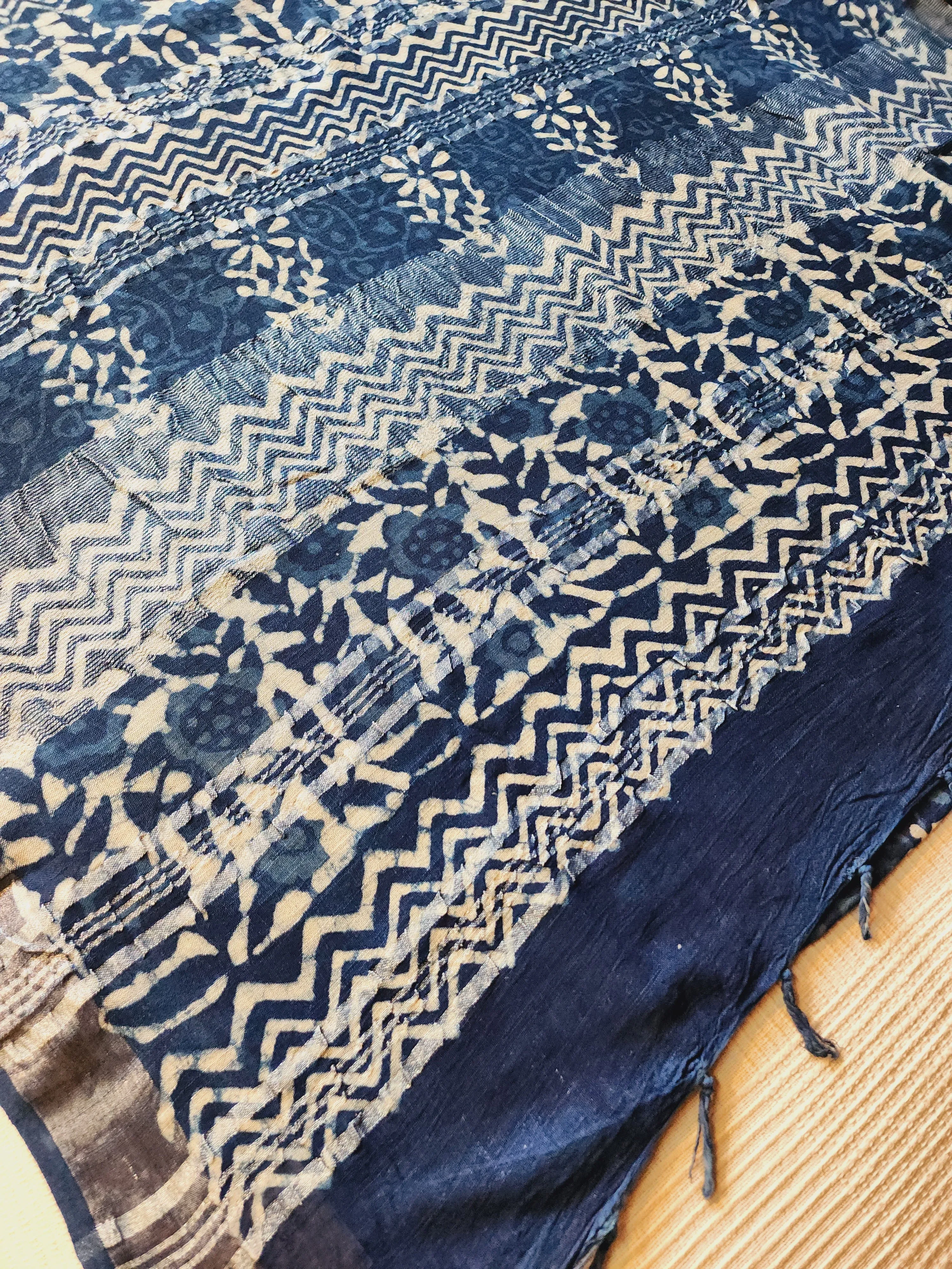 Blue Linen Cotton Saree with Block Prints