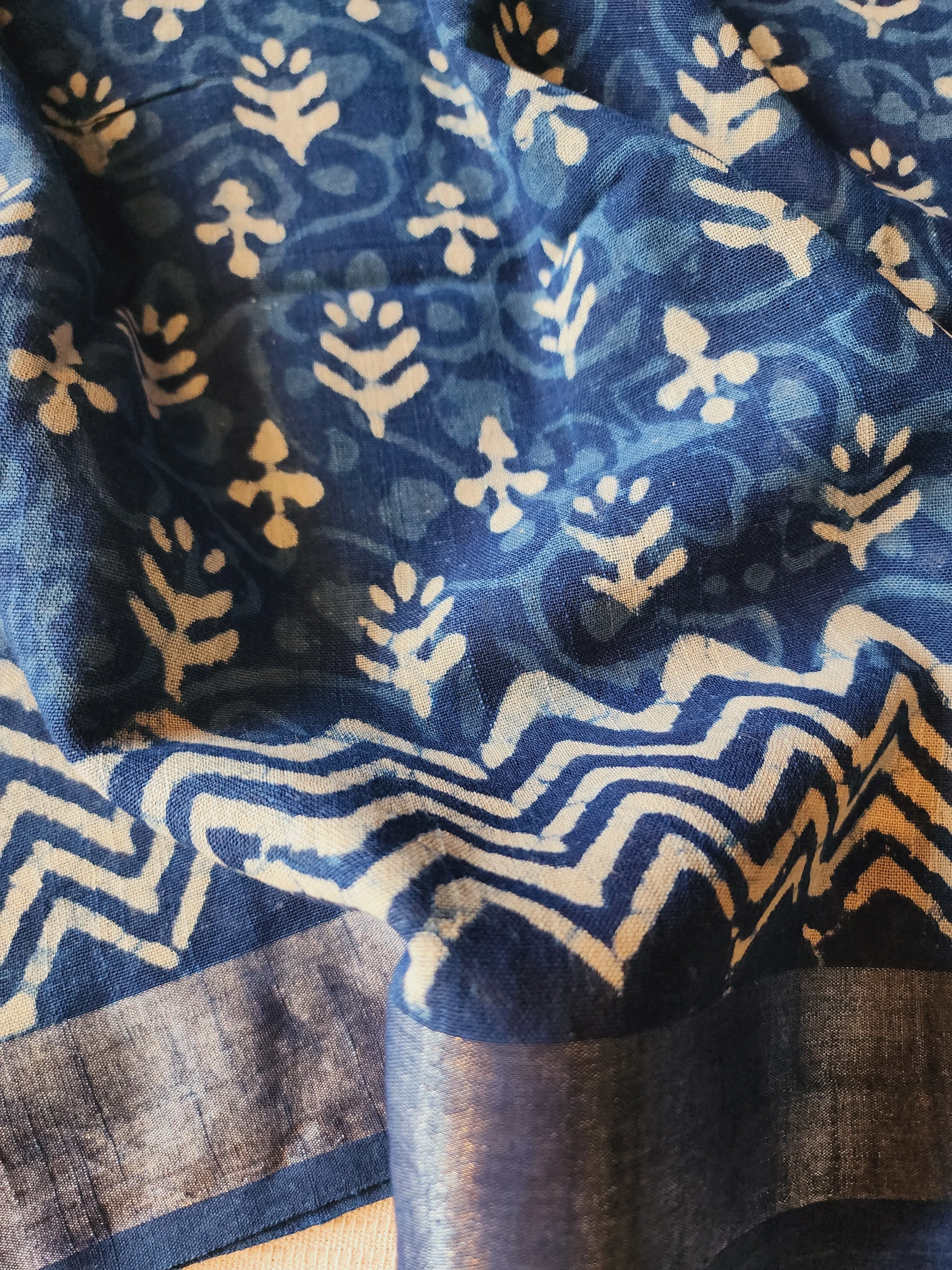 Blue Linen Cotton Saree with Block Prints