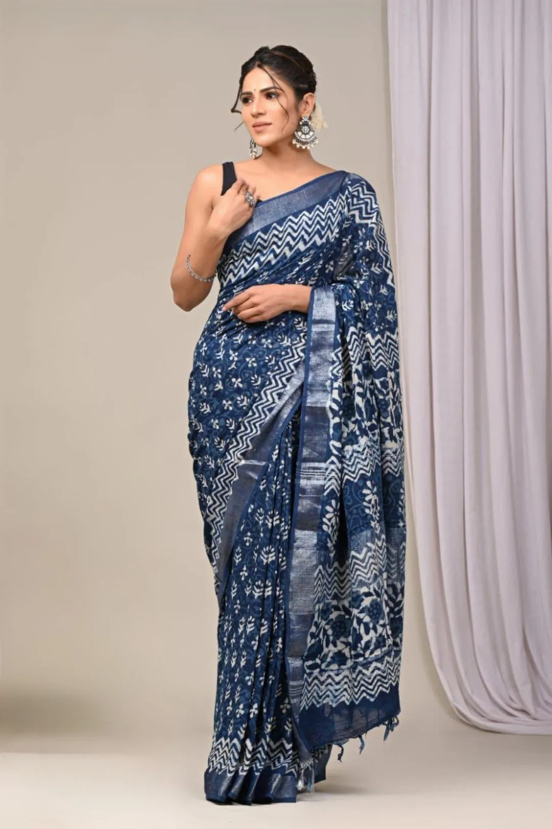 Blue Linen Cotton Saree with Block Prints