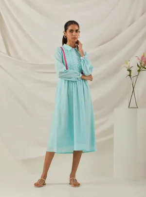 Blue Plain Zaid Collared Long Dress With Chikankari Yoke