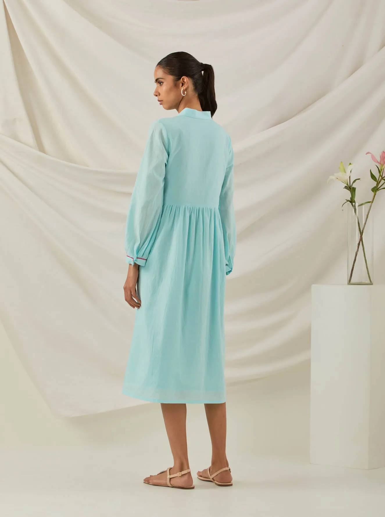 Blue Plain Zaid Collared Long Dress With Chikankari Yoke
