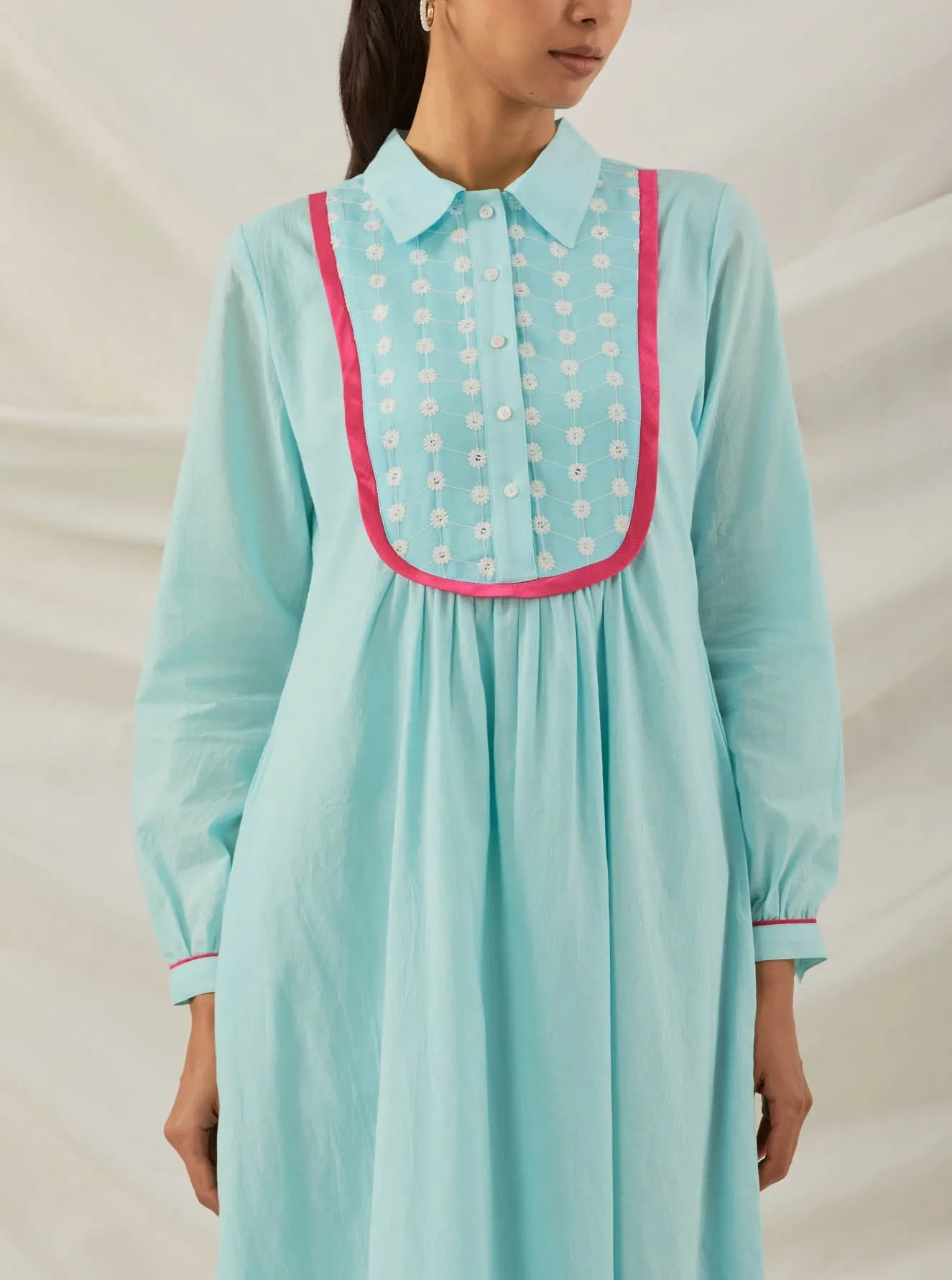 Blue Plain Zaid Collared Long Dress With Chikankari Yoke