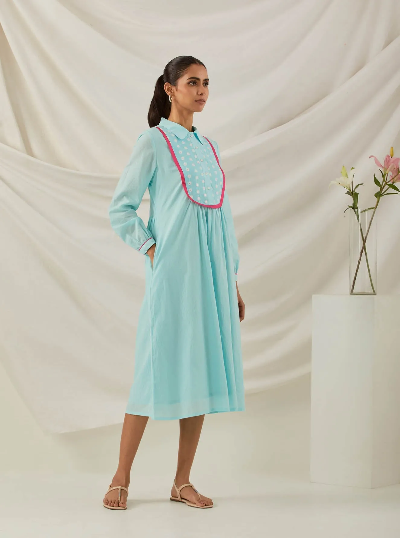 Blue Plain Zaid Collared Long Dress With Chikankari Yoke