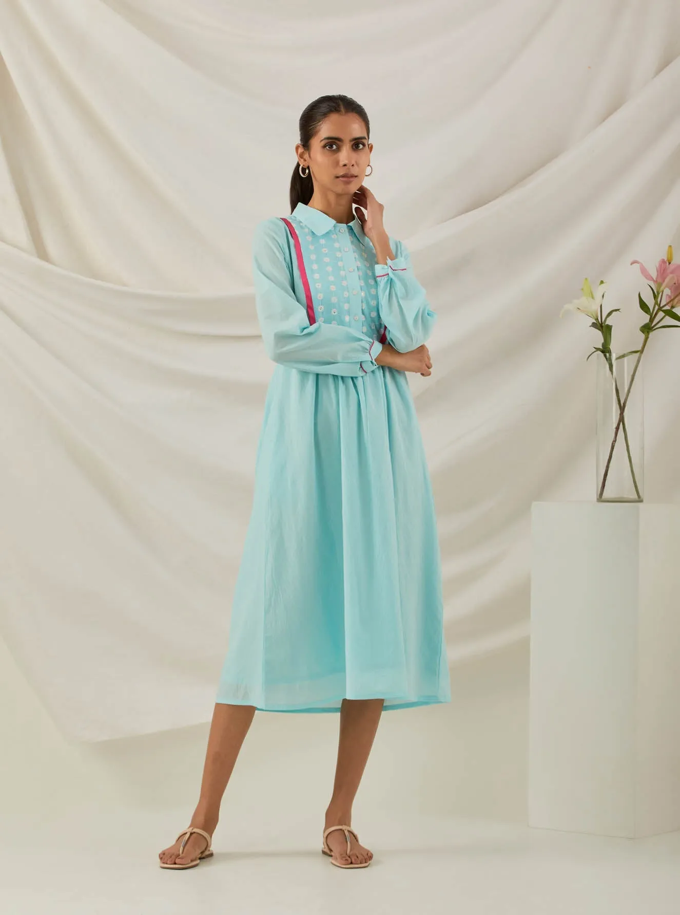 Blue Plain Zaid Collared Long Dress With Chikankari Yoke