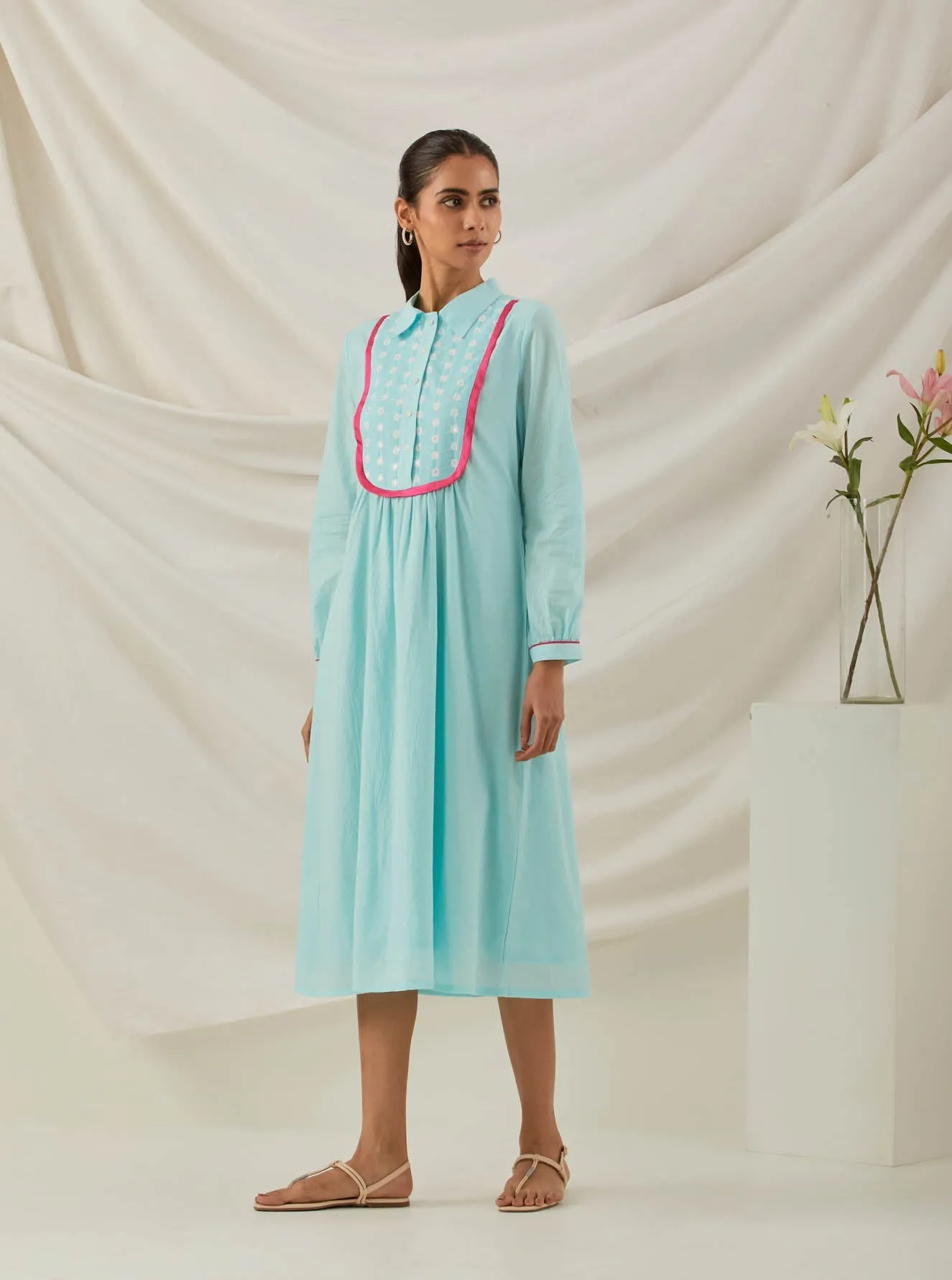 Blue Plain Zaid Collared Long Dress With Chikankari Yoke