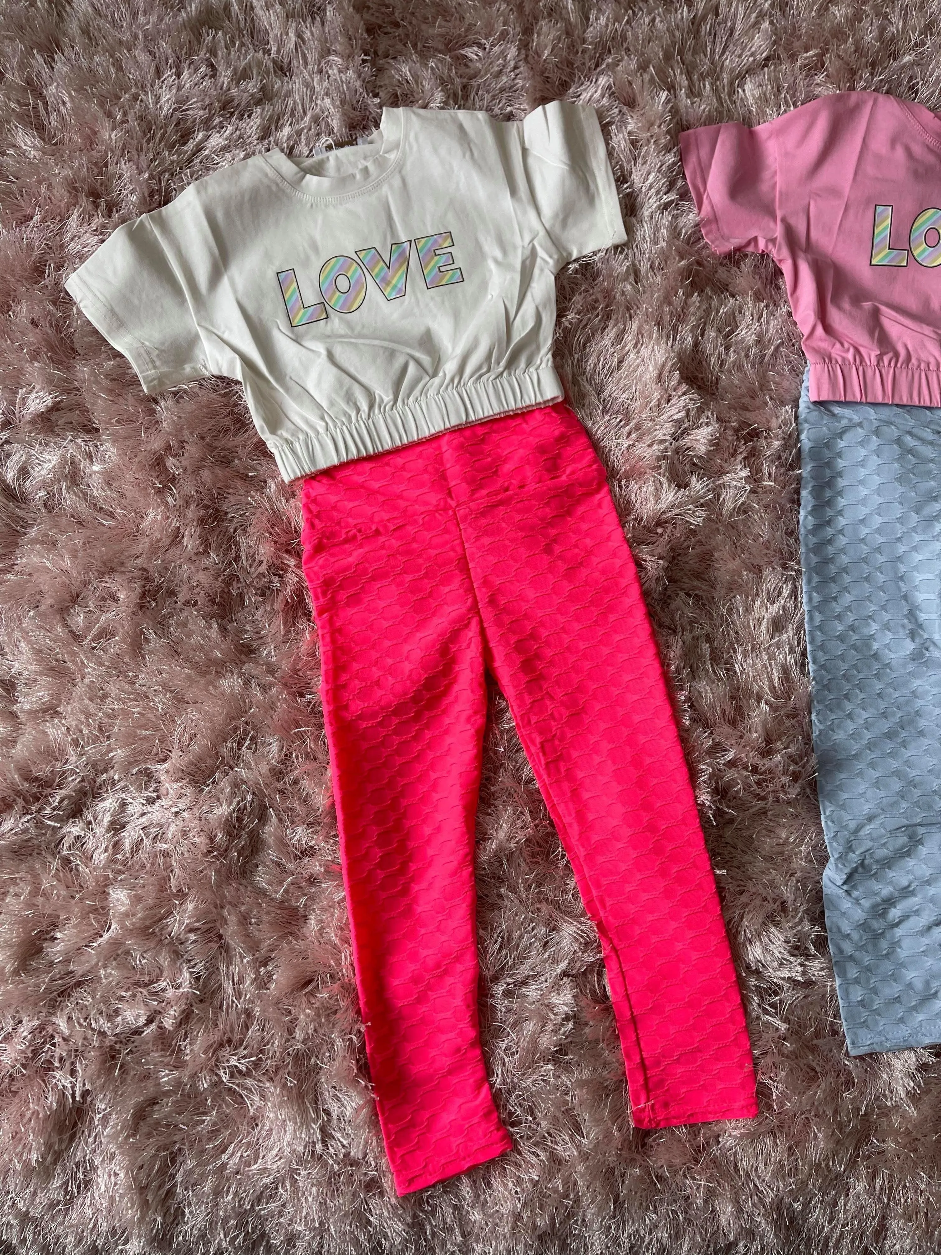 CLEARANCE DEAL - Loungewear - Hot Pink Honeycomb Leggings with White Love T-Shirt Top