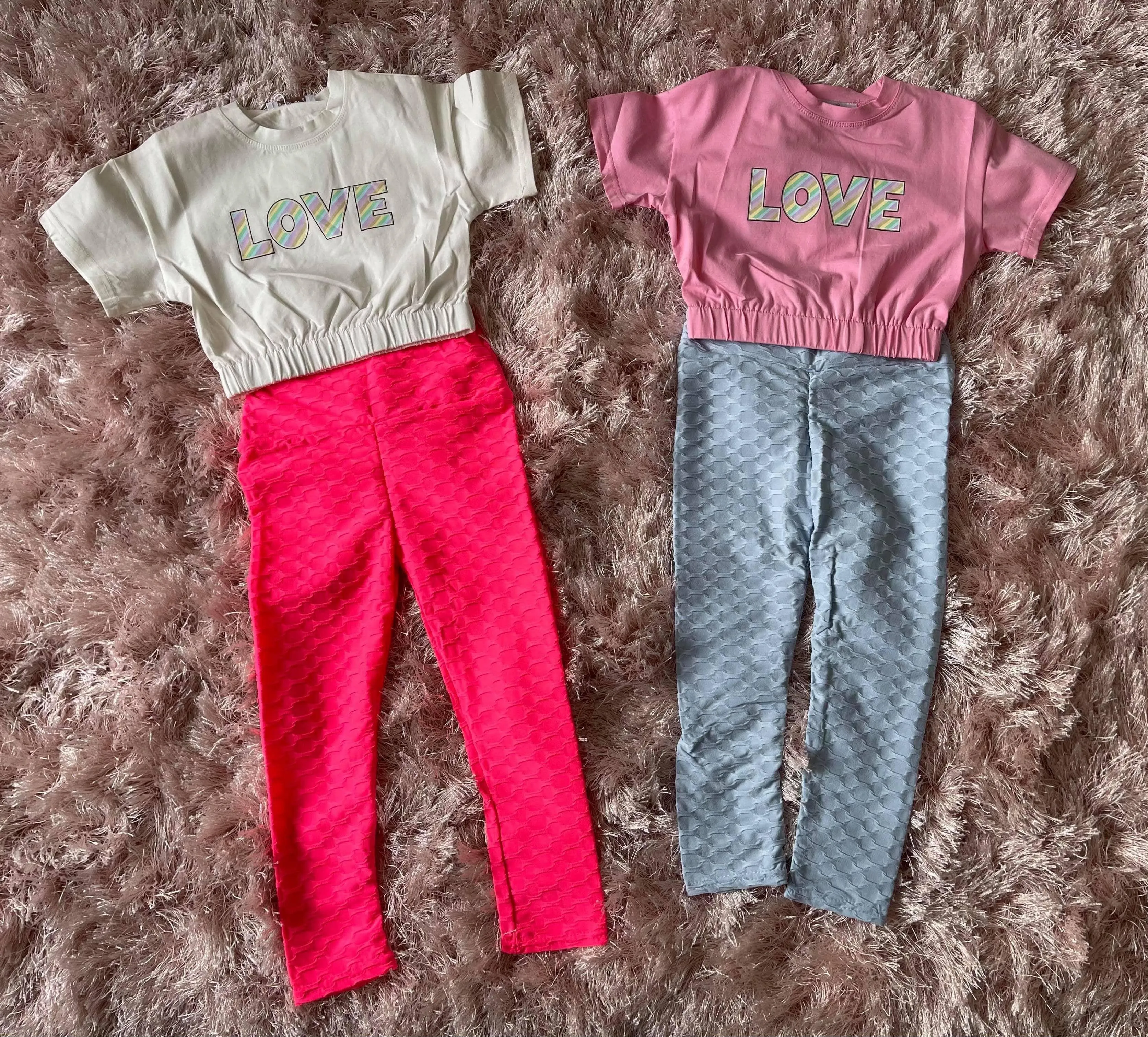 CLEARANCE DEAL - Loungewear - Hot Pink Honeycomb Leggings with White Love T-Shirt Top