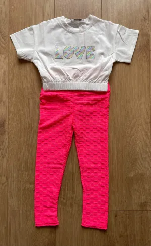 CLEARANCE DEAL - Loungewear - Hot Pink Honeycomb Leggings with White Love T-Shirt Top