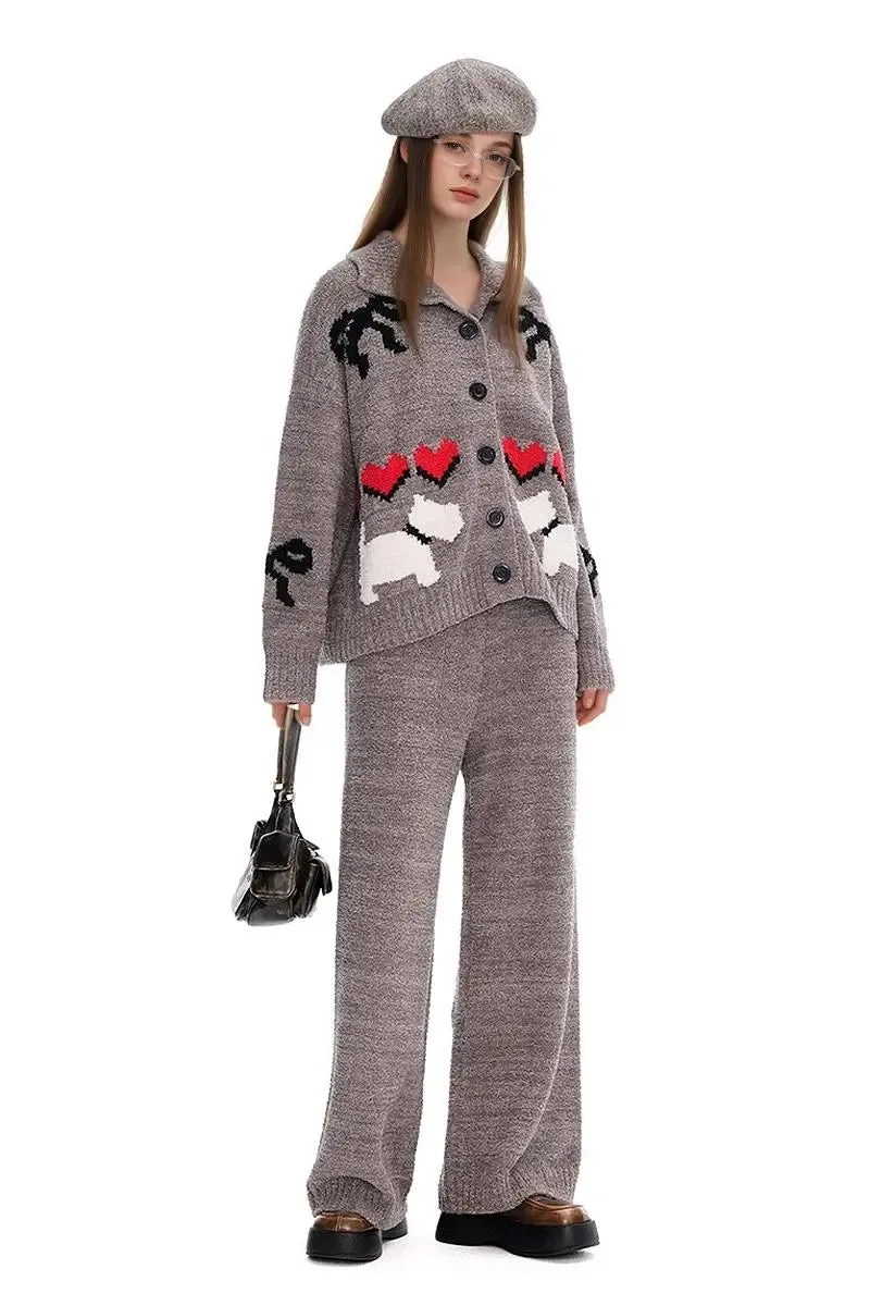 Cute Fair Isle Christmas Pajama Set with Bow & Red Heart
