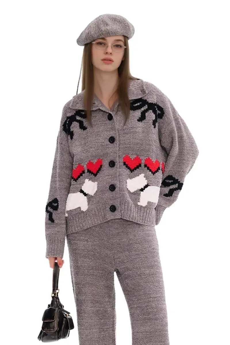 Cute Fair Isle Christmas Pajama Set with Bow & Red Heart