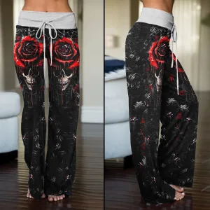 Dark Gothic Skull Rose Women's High-waisted Wide Leg Pants