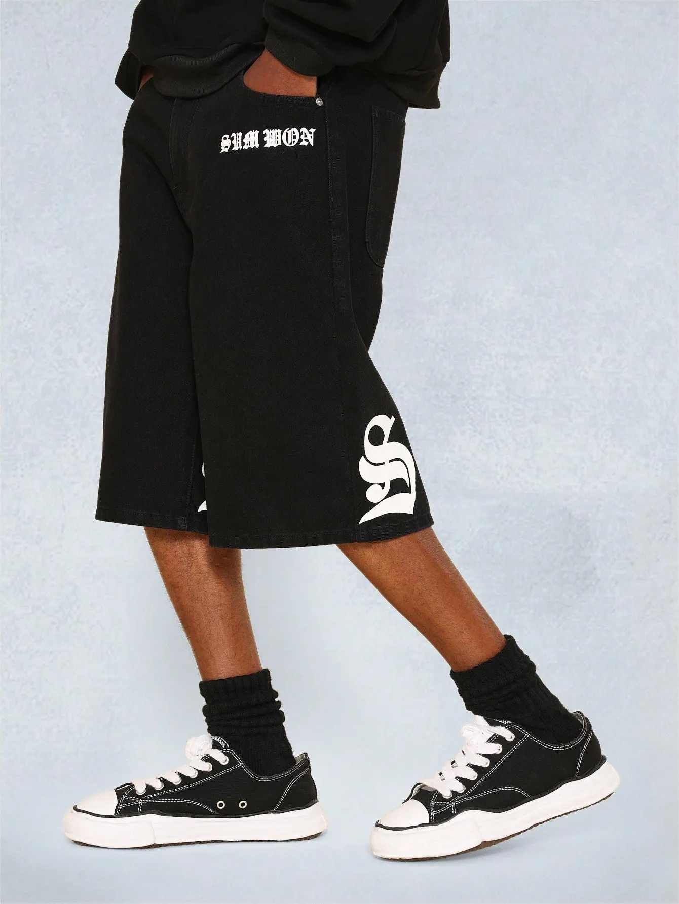 Denim Jort With Gothic Letter Graphic Print