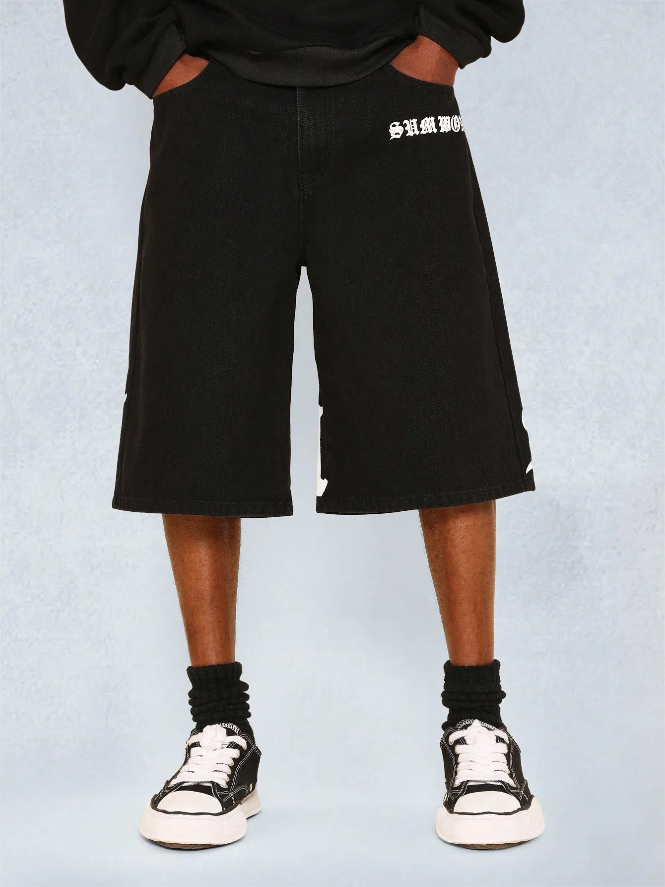 Denim Jort With Gothic Letter Graphic Print