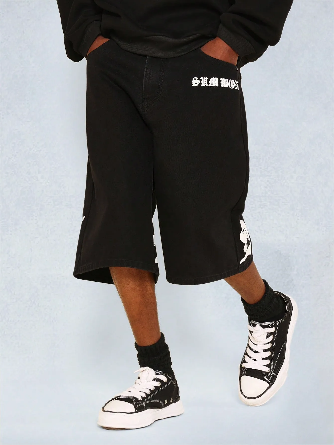 Denim Jort With Gothic Letter Graphic Print