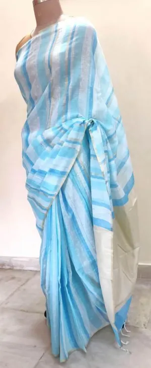 Designer Light Blue Striped Linen Cotton Saree ND12