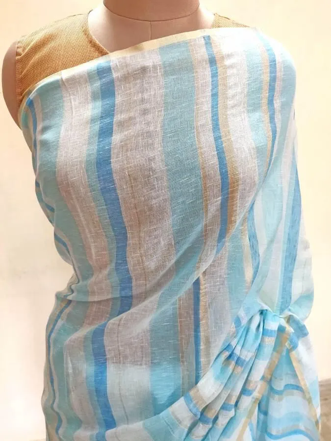 Designer Light Blue Striped Linen Cotton Saree ND12