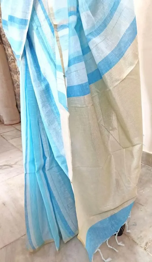 Designer Light Blue Striped Linen Cotton Saree ND12
