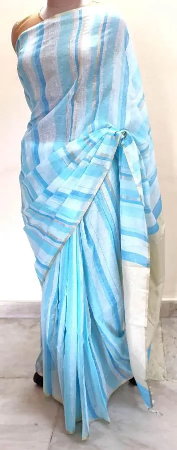 Designer Light Blue Striped Linen Cotton Saree ND12