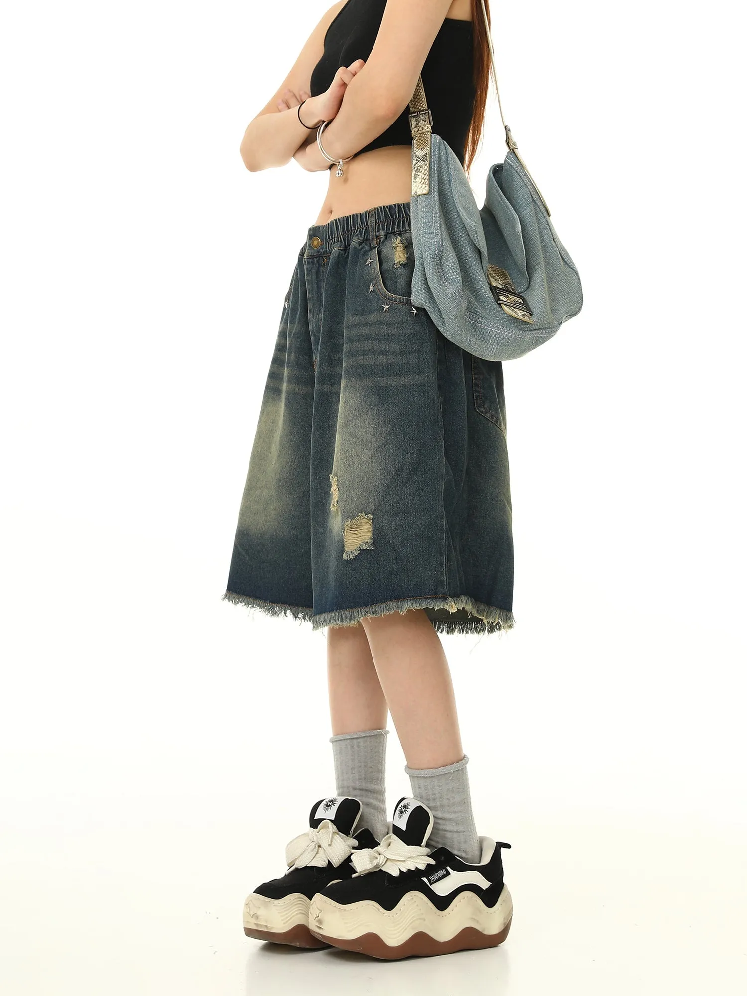 Distressed Denim Bermuda Shorts