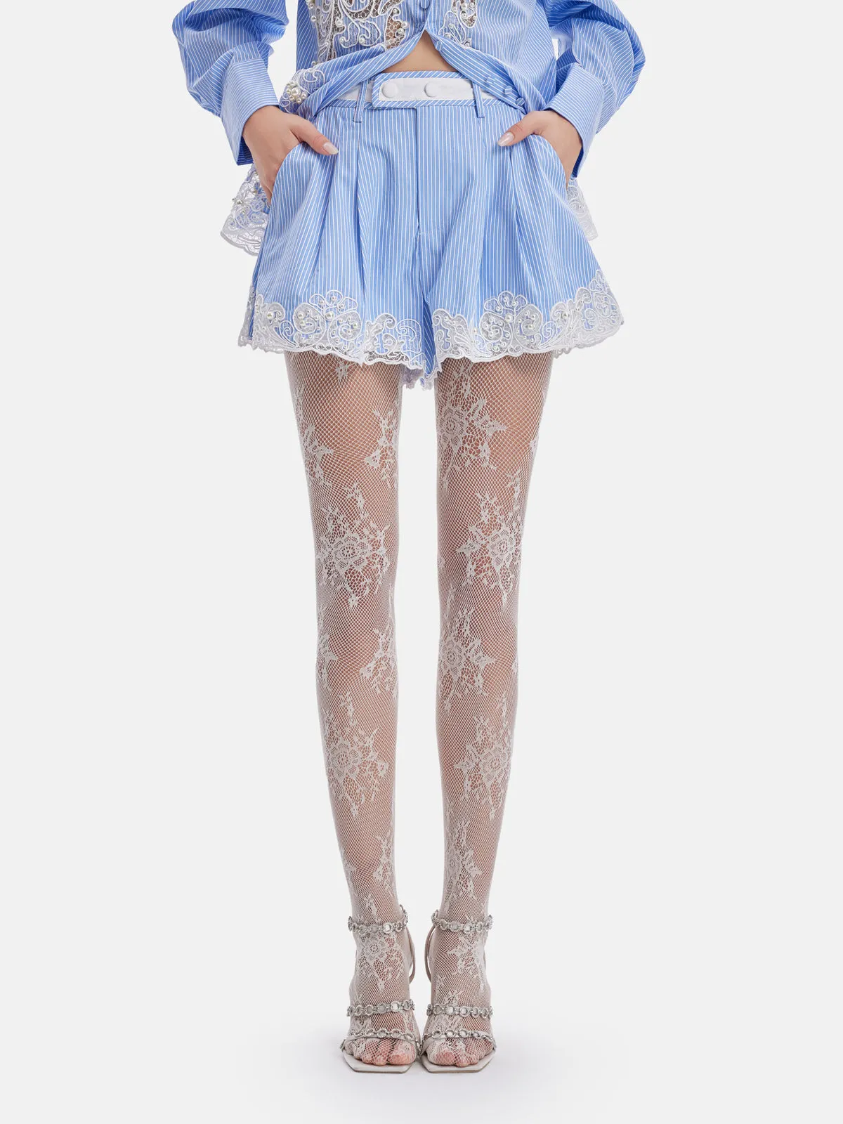 Exquisite Lace Embroidered Striped Short