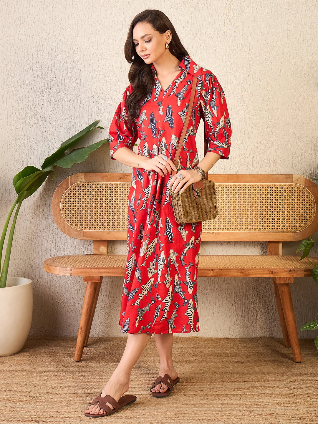 Front Pleated Cotton Midi Dress