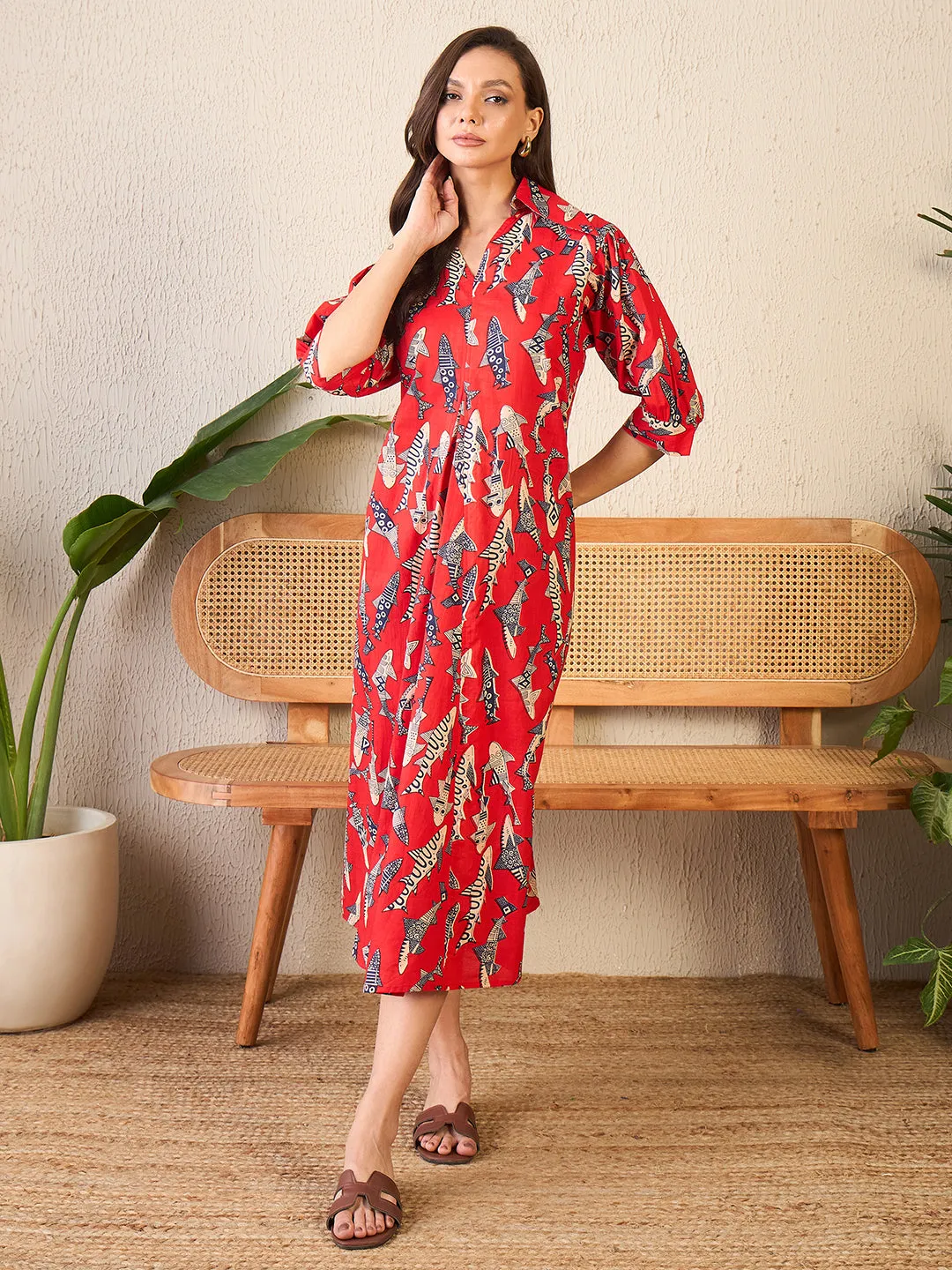 Front Pleated Cotton Midi Dress