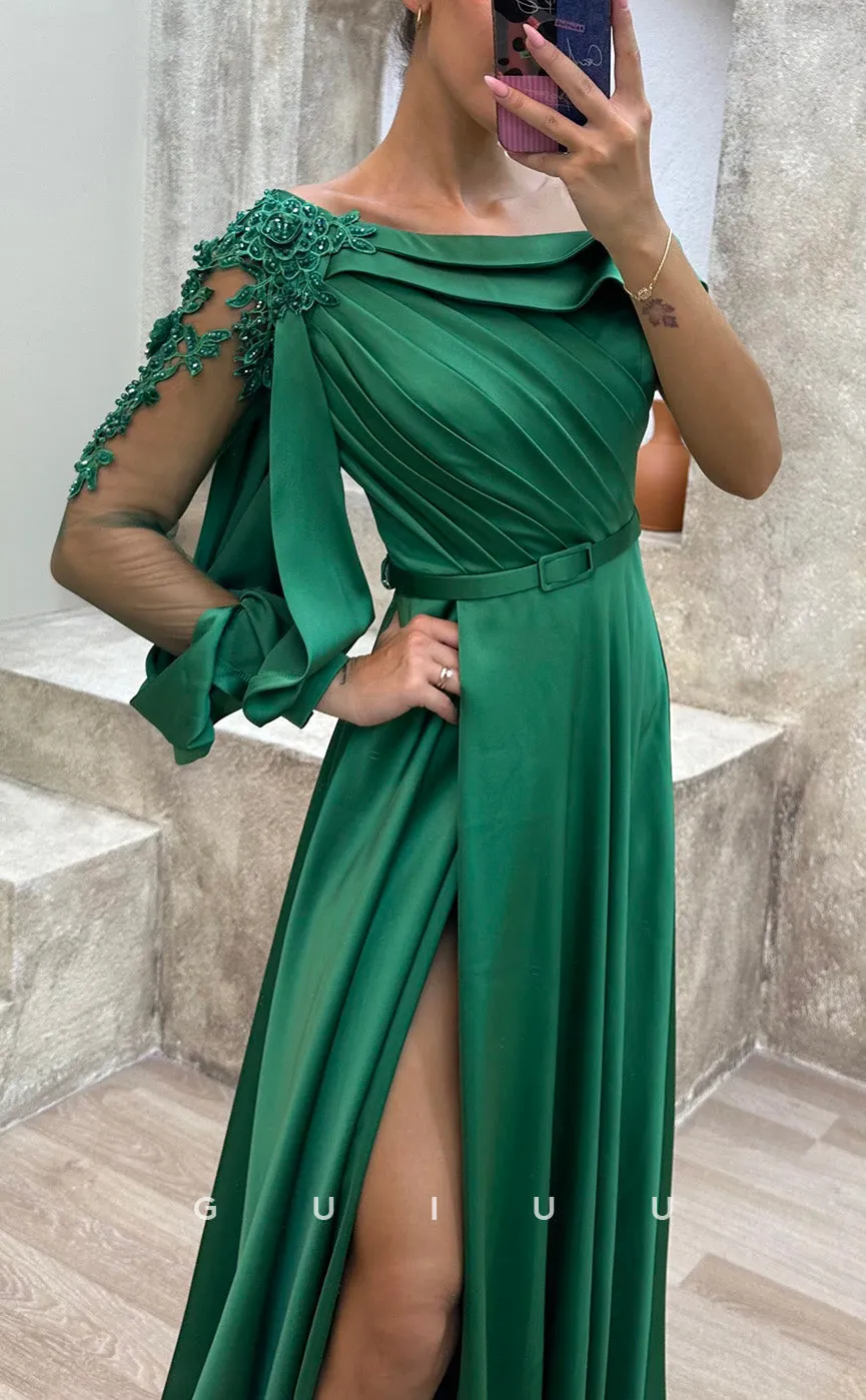 G3479 - Chic & Modern A-line Asymmetrical Long Sleeves Draped High Side Slit Floor-Length Party Gown Prom Dress