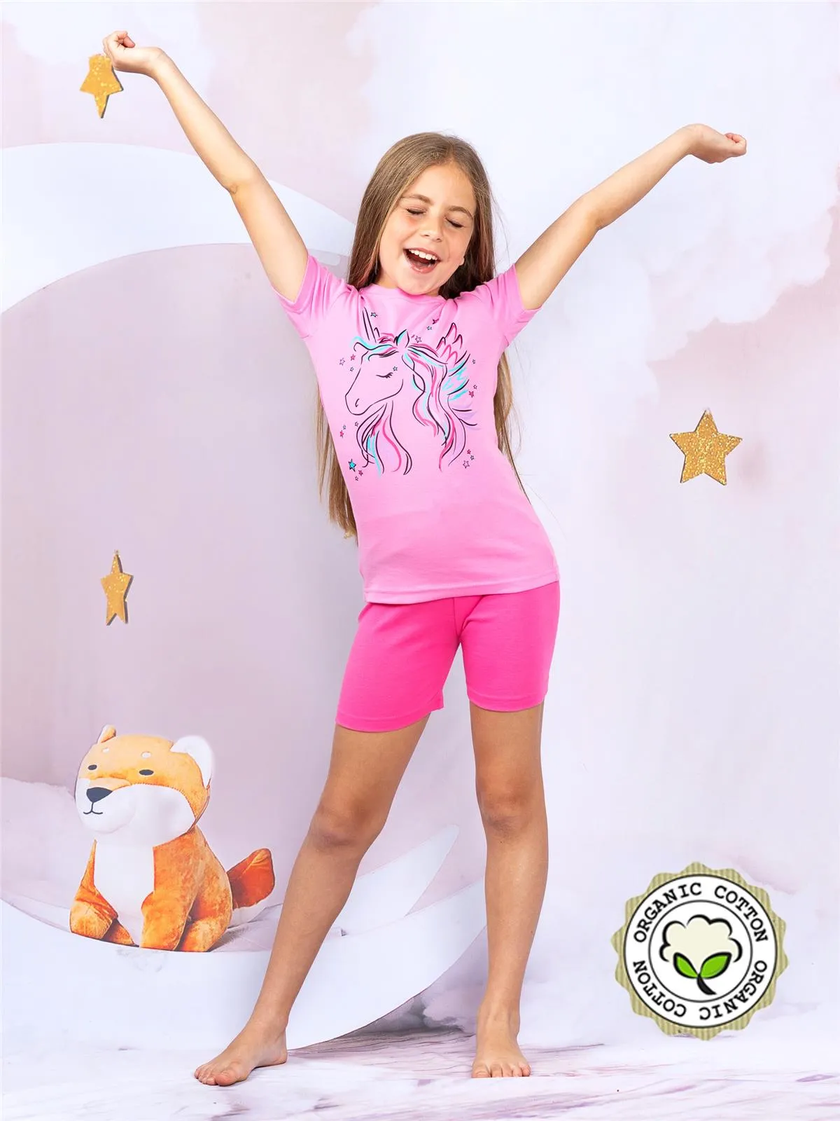 Girls Unicorn Organic Cotton 2 Piece Pajama Set With Shorts