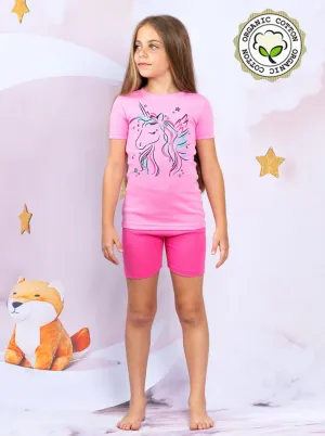 Girls Unicorn Organic Cotton 2 Piece Pajama Set With Shorts