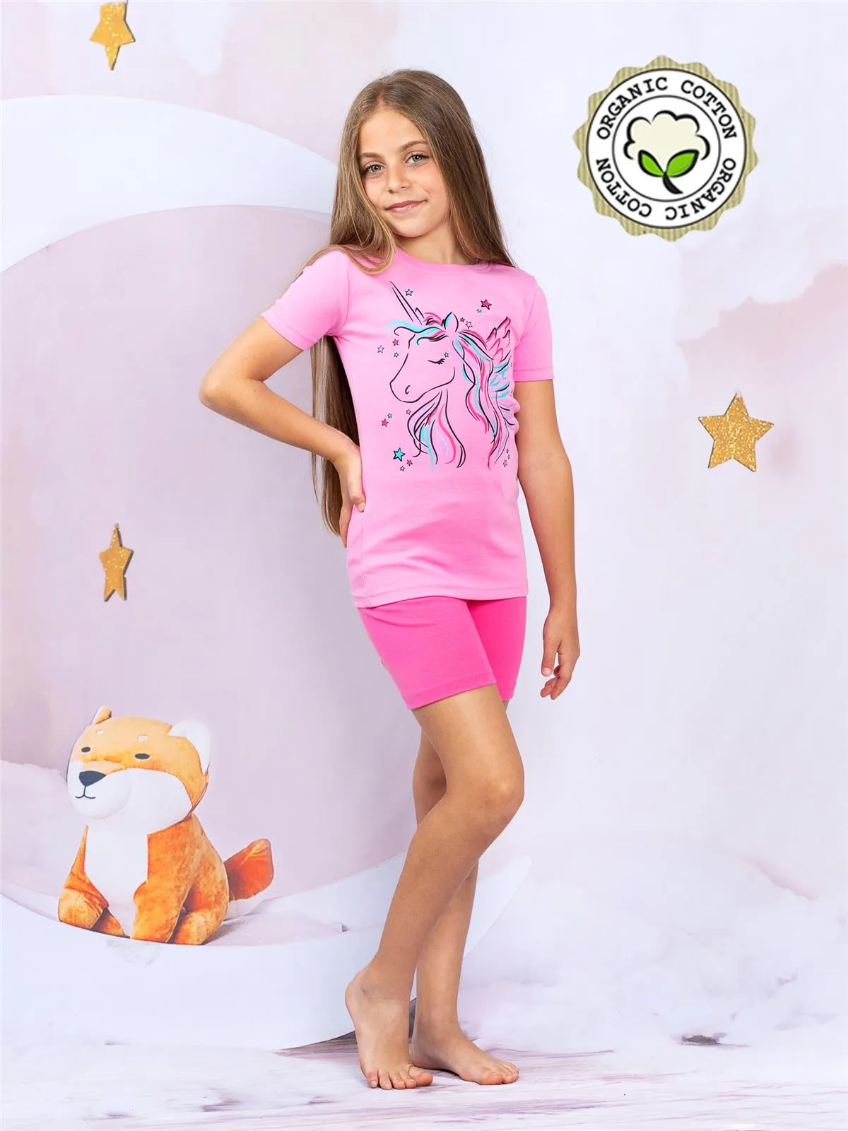 Girls Unicorn Organic Cotton 2 Piece Pajama Set With Shorts