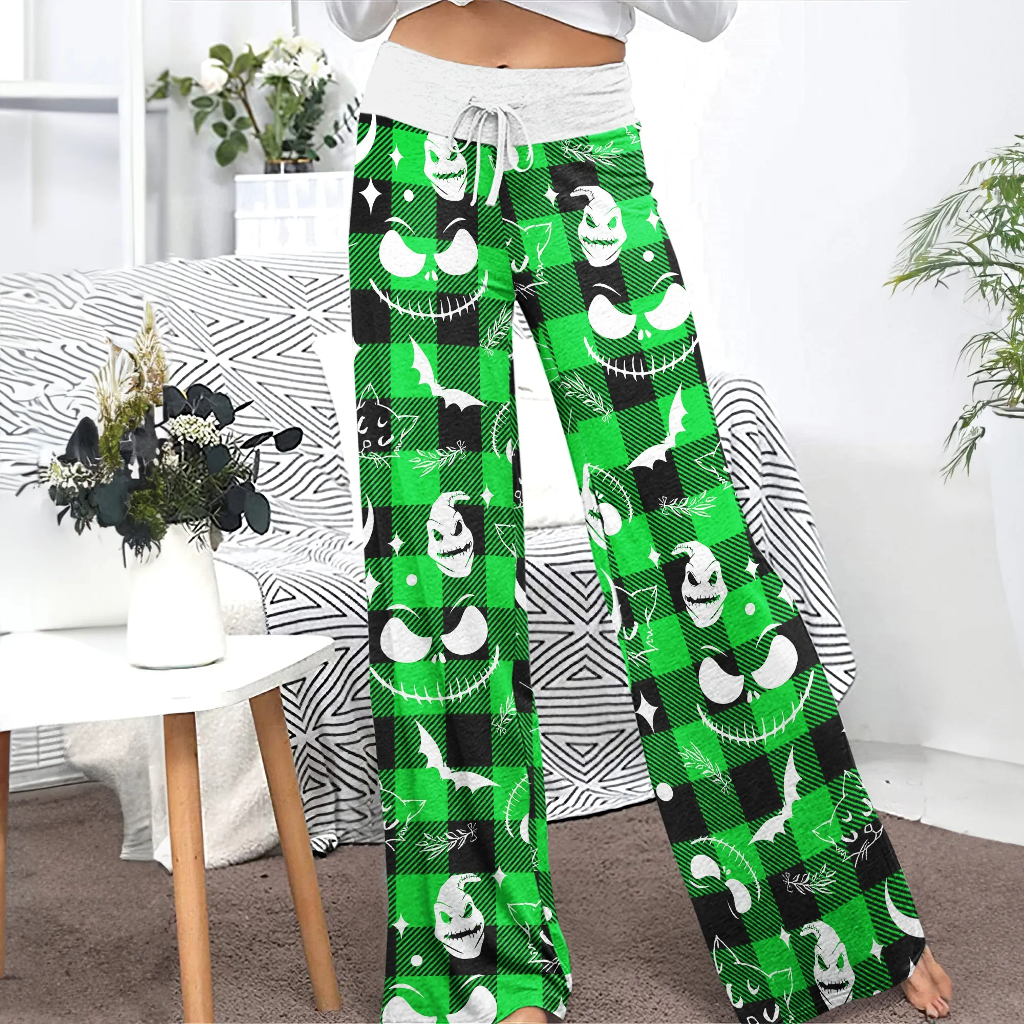 Green White Christmas Check Board Theme Women's High-waisted Wide Leg Pants