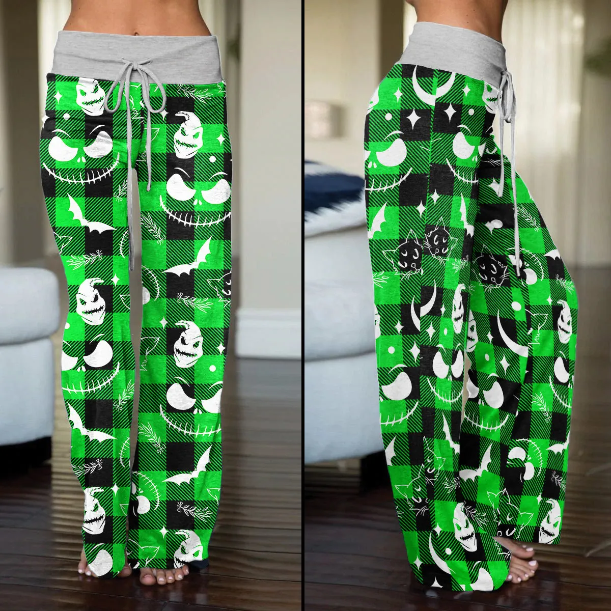 Green White Christmas Check Board Theme Women's High-waisted Wide Leg Pants