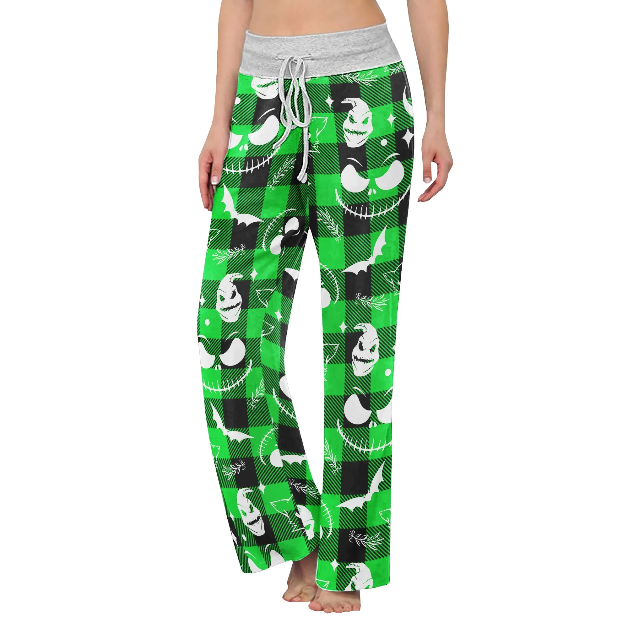 Green White Christmas Check Board Theme Women's High-waisted Wide Leg Pants
