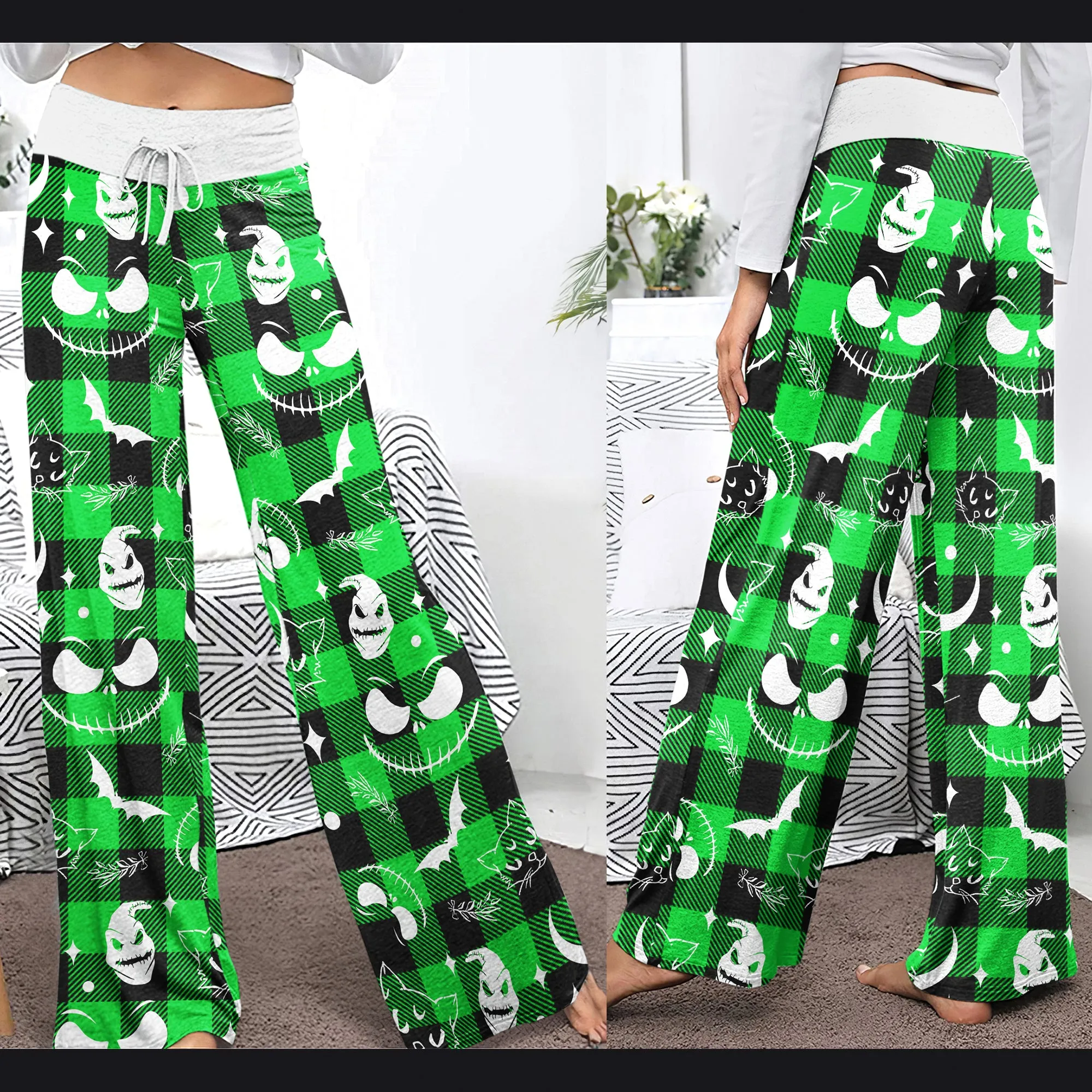 Green White Christmas Check Board Theme Women's High-waisted Wide Leg Pants