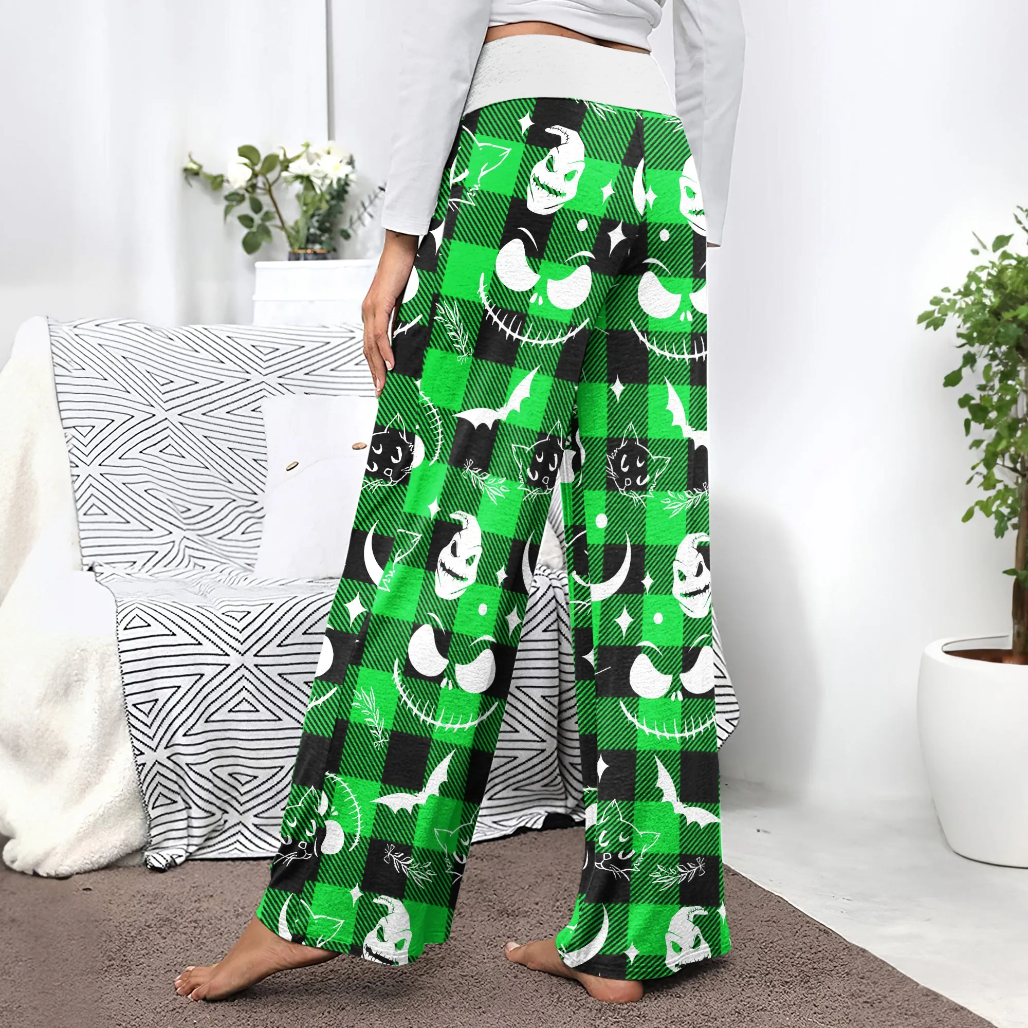 Green White Christmas Check Board Theme Women's High-waisted Wide Leg Pants